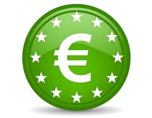 Obraz premium Glossy green button with a white euro symbol surrounded by star emblems