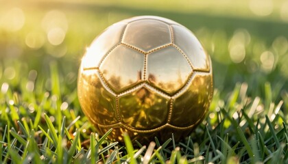 Fototapeta premium Golden soccer ball on lush green grass at sunrise with warm lighting and bokeh effect