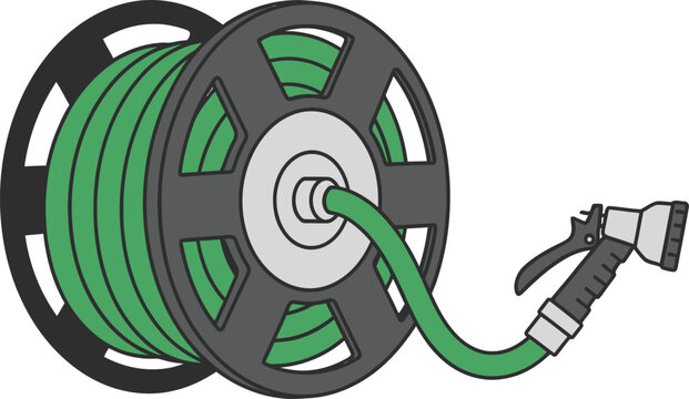 Garden hose on reel with spray nozzle attached for watering plants and garden care on transparent background