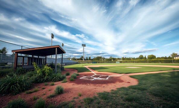 Abandoned baseball field with overgrown dugout and faded outfield fence baseball field baseball game field stadium play competition green grass team sport arena leisure 