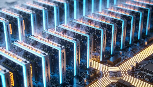 Glowing AI data center GPU cluster macro, extreme close-up of computer microchips and processor circuits arranged like a futuristic sci-fi city with shimmering heat haze and lights