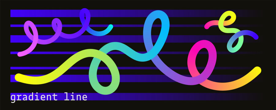 Abstract line curvy with neon squiggle cable and wiggly wavy gradient. Rainbow colorful curve with loop swirl wave and ribbon squiggly fluid.