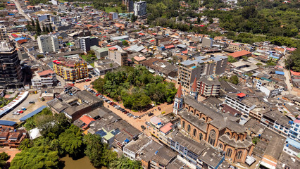 Obraz premium Moniquira, Boyaca - Colombia. February 26, 2026. Panoramic drone view of the town's main church.