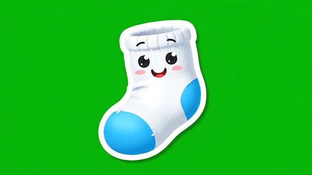 Animated footage of a cute, anthropomorphic white and blue sock with a smiling face, isolated on a green screen background for easy compositing. Perfect for kids' content, educational videos, or