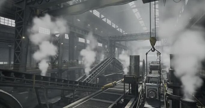 Industrial Factory Interior with Steam and Machinery.