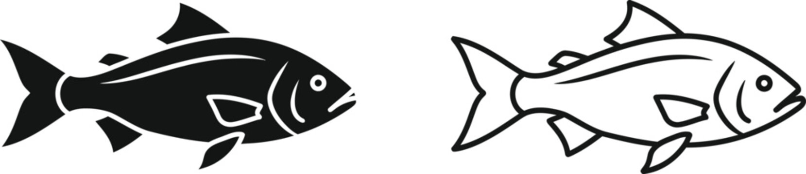 Fish Icon Set Black Silhouette and Outline Vector Vector