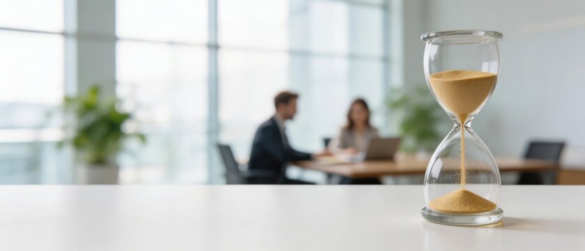  Close-up of an hourglass on a white desk with sand flowing. Blurred background of business people working in a modern bright office. Time management, deadline, and corporate business concept.