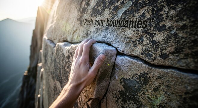 Climbing a sheer rock face, a hand grips for purchase
