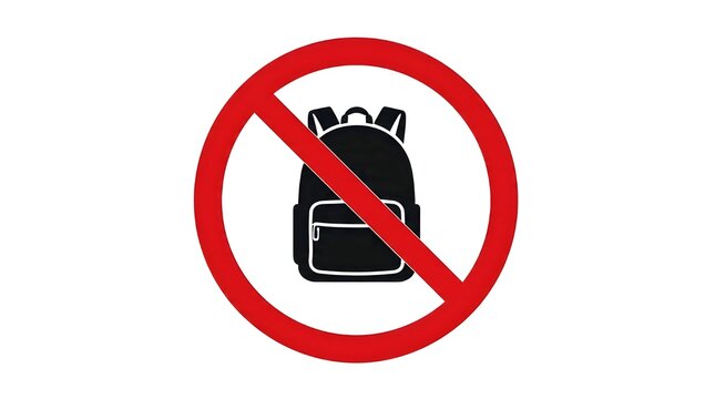 Red prohibition circle with a black backpack icon crossed out, indicating no backpacks or bags allowed
