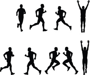 Obraz premium Set of male runner silhouettes in various sprinting and celebrating poses for sports fitness and marathon race competition vector illustration