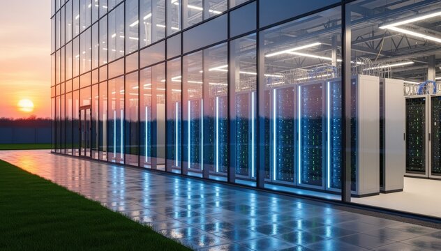 Modern Data Center at Sunset: A modern data center bathed in the warm hues of a setting sun. The glass facade mirrors the sky above and inside, rows of servers hum with digital activity.