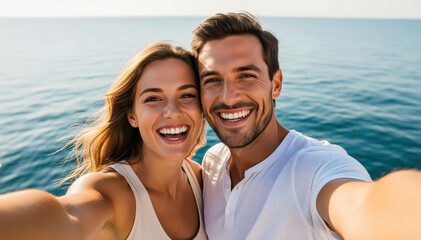Fototapeta premium Joyful Selfie by the Sea: A happy couple takes a selfie against a backdrop of a clear, calm sea, capturing the essence of a perfect day.