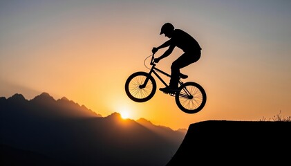 Naklejka premium BMX Silhouette Soaring High: A silhouette of a BMX rider fearlessly leaps off a ramp against a stunning sunset backdrop, showcasing skill and determination.