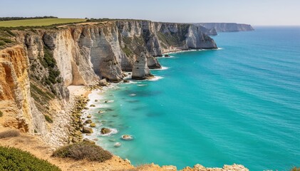 Obraz premium Coastal Cliffs and Turquoise Sea: A breathtaking panorama of majestic coastal cliffs meeting the crystal-clear turquoise sea under a bright, cloudless sky.