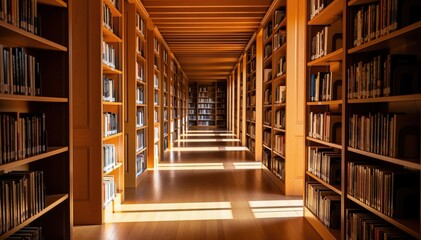 Obraz premium Literary Corridor: A captivating perspective of a library, featuring endless rows of bookshelves, each laden with volumes of knowledge, inviting exploration and the pursuit of wisdom.