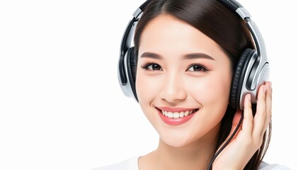 Fototapeta premium Music Lover's Serenity: A portrait of a woman immersed in the tranquility of her music, headphones enveloping her in a world of sound and bliss. Capturing the pure joy of listening. 