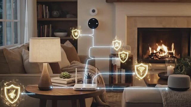 A home network setup featuring a router on a wooden table, surrounded by a lamp, plants, and glowing security indicators connecting smart devices, creating a cozy living room atmosphere