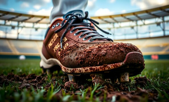 Dirty baseball cleat on the ground close-up of a baseball cleat covered in dirt focusing on the shoe's texture and the surrounding ground baseball field baseball game field stadium play competition gr