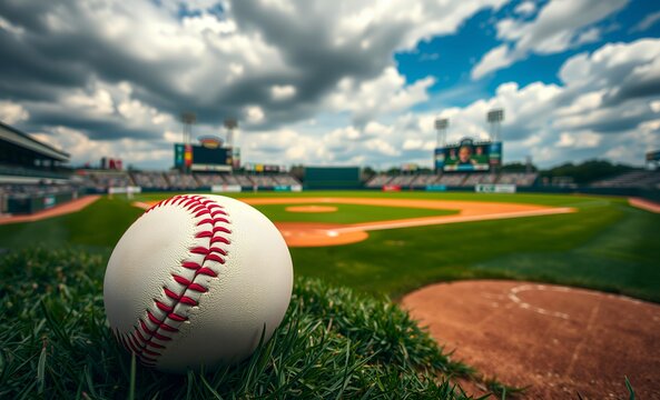 Round stitches on baseball with room for text space baseball field baseball game field stadium play competition green grass team sport arena leisure 