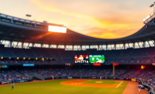 Blurred baseball field atmosphere with glowing lights and thrilling sports energy in the air baseball field baseball game field stadium play competition green grass team sport arena leisure 