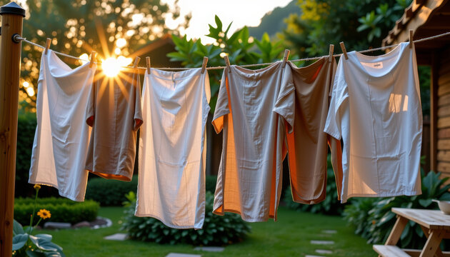 Clothes drying in sunlit green backyard fresh white linen on wooden clothesline relaxing outdoor scene