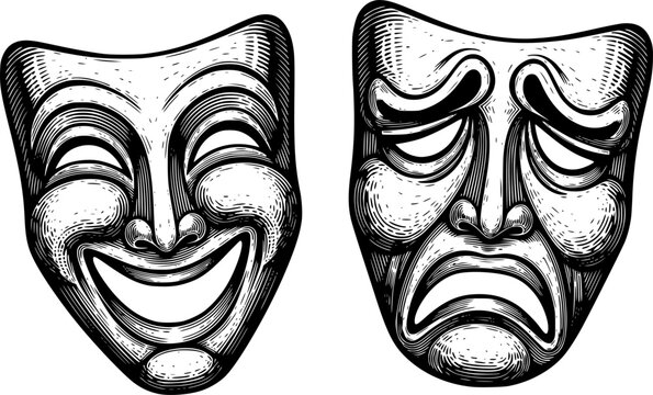 Theater or theatre drama comedy and tragedy masks in a vintage woodcut etching style
