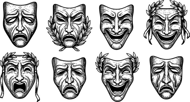Theater or theatre drama comedy and tragedy masks in a vintage woodcut etching style
