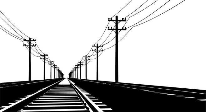 Black and white railway tracks with electric poles vector design. High-contrast railway tracks and power lines silhouettes vector. Silhouette train tracks and utility poles vector