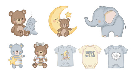 Obraz premium Adorable baby animals and clothing collection bears elephant moon stars onesies