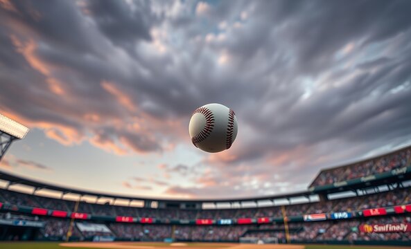 A baseball soaring through the air above a blurred stadium setting capturing a moment of thrilling game play baseball field baseball game field stadium play competition green grass team sport arena le