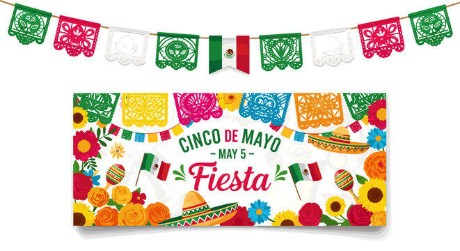 Vibrant cinco de mayo fiesta banner with papel picado flowers and mexican flags