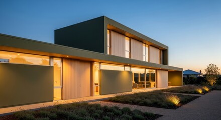 Fototapeta premium Modern Green And Wood Exterior Architecture At Dusk With Exterior Lighting And Landscaping