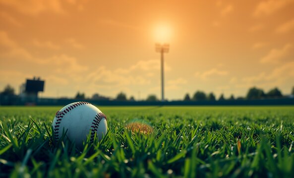 Baseball resting on green grass under bright sunlight at a field during afternoon hours baseball field baseball game field stadium play competition green grass team sport arena leisure 