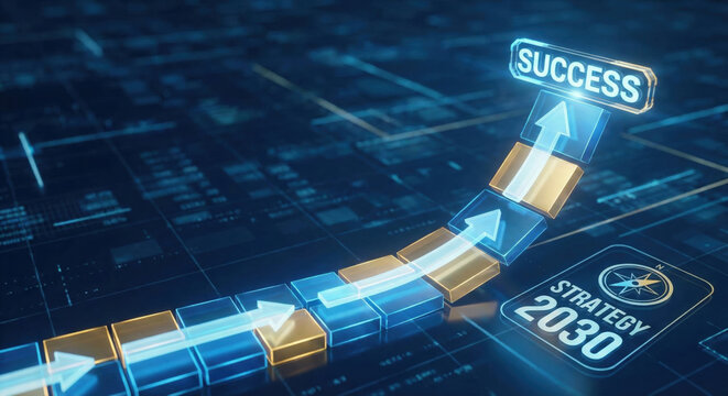 Business strategy growth arrow success upward digital chart concept for long term corporate vision 2030 goal achievement