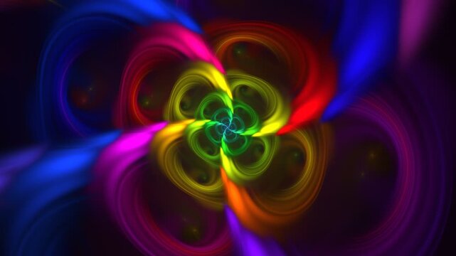 Abstract colorful flower blossom and surreal motion in black space. Multicolored fractal vibes, impulses rotating, gradually transforming into intersecting lines on dark. 4K UHD 4096x2304