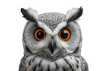 Obraz premium Owl close up looking at camera, wild animal portrait with orange eyes, transparent background for wildlife concepts