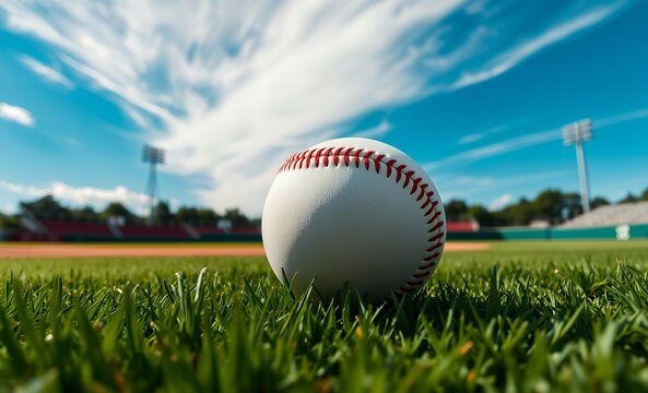 White baseball with red stitching rests on the lush green outfield grass set against a blurred background of an empty baseball field baseball field baseball game field stadium play competition green g