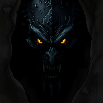 A haunting visage of a dark, powerful entity emerging from the shadows, its piercing yellow eyes glowing with intense malevolence and ancient wisdom