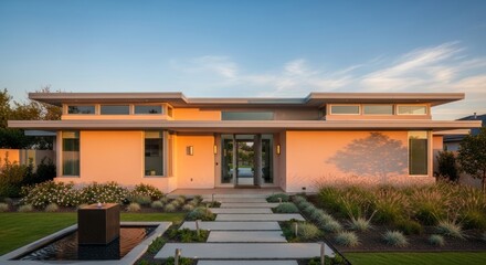 Fototapeta premium Modern Pink Stucco Residence With Flat Roof and Rectangular Windows at Golden Hour