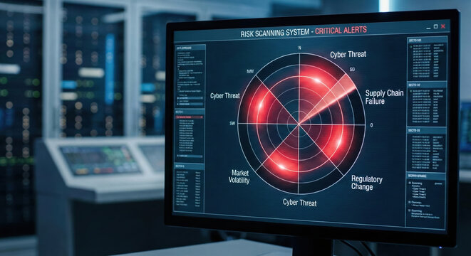 Cyber threat risk management radar screen alert in data center control room technology concept