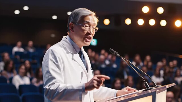 Senior Asian doctor or scientist giving a lecture on stage at a large medical conference for a healthcare education concept and professional presentation