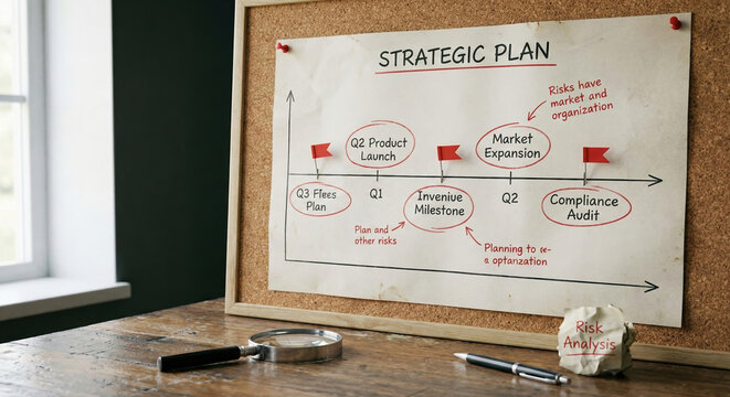 Strategic plan risk management concept on office corkboard with timeline chart