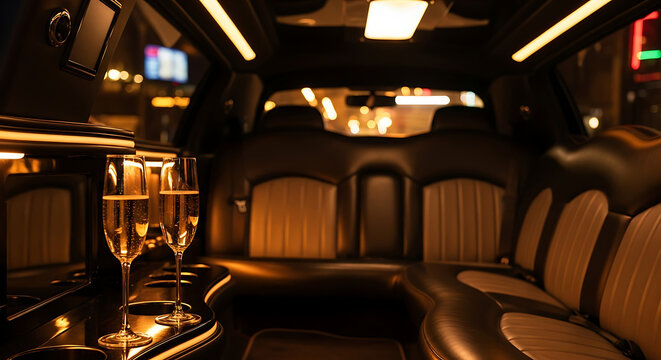 Two champagne flutes filled with sparkling wine inside a luxurious limousine at night time setting ai generated
