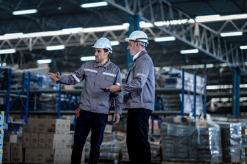 Fototapeta premium Professional industrial managers wearing safety uniform communicating while walking in factory storehouse. Male logistics team planning safe commercial freight delivery operations.
