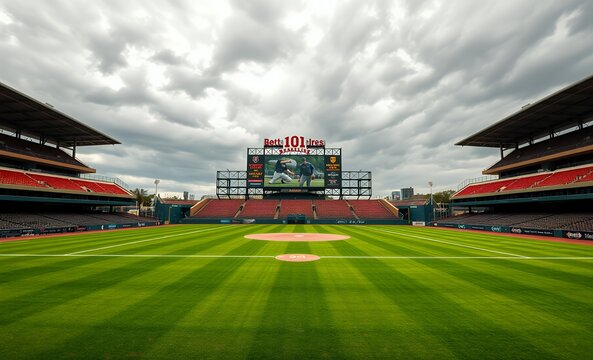 Empty baseball stadium with well-maintained field and overcast sky featuring a large scoreboard and seating stands on either side baseball field baseball game field stadium play competition green gras