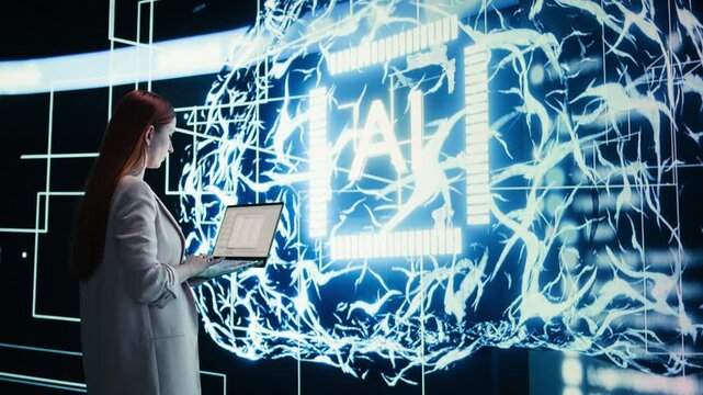 Engineer reports to AI brain automated manager displayed on digital dashboard. Woman completes assignments distributed by artificial intelligence agent superintelligence using laptop