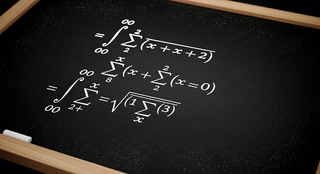 Chalkboard displaying mathematical equations and symbols with a piece of chalk nearby it ai generated