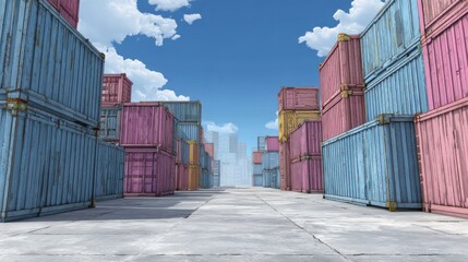 Fototapeta premium Colorful Shipping Containers in a Modern Port Setting Under Bright Blue Sky with White Clouds