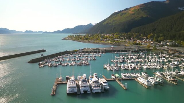 Aerial view flying over Seward Harbor in Alaska