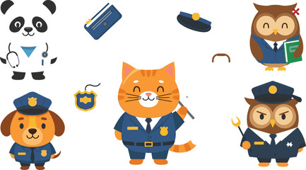 Cute cartoon police animal characters set with cat officer, dog policeman, owl detective, panda and police badges uniform elements for kids illustration © AntarChandra